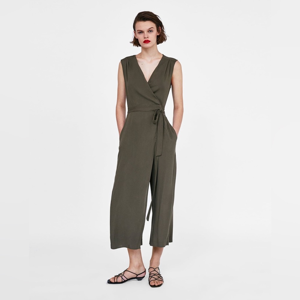 Zara Olive Green Tie Wrap Jumpsuit - Size Large